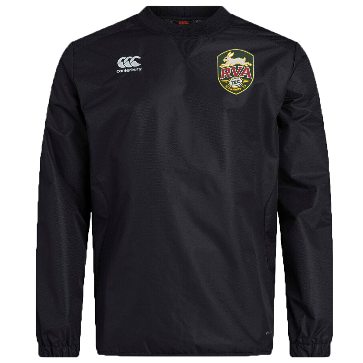 The RVA T.R.C. Club Vaposhield Contact Top by EMB Canterbury is a black long-sleeve pullover featuring the Canterbury logo on the right chest, an RVA crest on the left chest, and advanced Vaposhield technology for enhanced water-repellent protection.