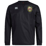 The RVA T.R.C. Club Vaposhield Contact Top by EMB Canterbury is a black long-sleeve pullover featuring the Canterbury logo on the right chest, an RVA crest on the left chest, and advanced Vaposhield technology for enhanced water-repellent protection.