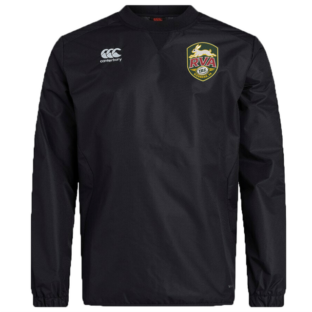 The RVA T.R.C. Club Vaposhield Contact Top by EMB Canterbury is a black long-sleeve pullover featuring the Canterbury logo on the right chest, an RVA crest on the left chest, and advanced Vaposhield technology for enhanced water-repellent protection.