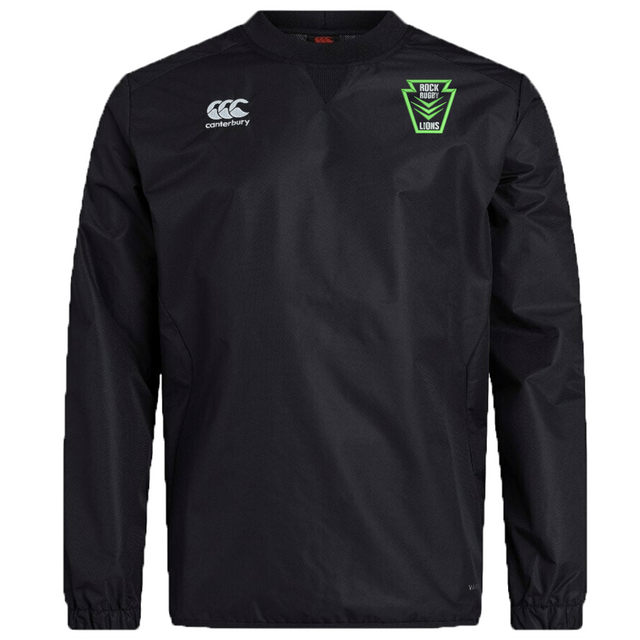 Black long-sleeved Rock Rugby Club Vaposhield Contact Top by Canterbury, featuring a green Rock Rugby Lions club emblem on the chest.