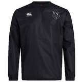 The Cypress Warriors Men's Rugby Club Vaposhield Contact Top by EMB Canterbury is a black long-sleeve top with the Canterbury logo on the right chest and a stylized bird emblem with text on the left.