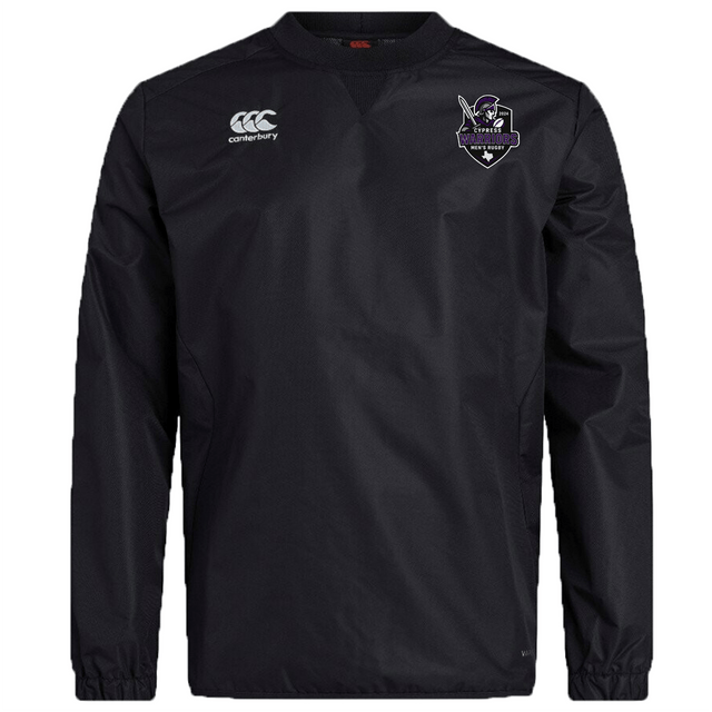 The Cypress Warriors Men's Rugby Club Vaposhield Contact Top by EMB Canterbury is a black long-sleeve top with the Canterbury logo on the right chest and a stylized bird emblem with text on the left.