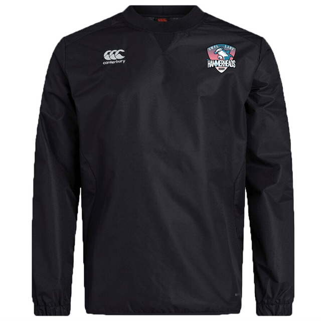 The SWFL Lady Hammerheads Club Vaposhield Contact Top by WRS Canterbury is a black, water-repellent long-sleeve training shirt with the team logo—ideal for rugby club sessions.