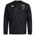 The Spartan Youth Rugby Club Vaposhield Contact Top by EMB Canterbury is a black long-sleeve top featuring the Canterbury logo on the right chest and a yellow Spartan Sports Academy logo on the left, with Vaposhield technology for comfort.