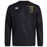 The Spartan Youth Rugby Club Vaposhield Contact Top by EMB Canterbury is a black long-sleeve top featuring the Canterbury logo on the right chest and a yellow Spartan Sports Academy logo on the left, with Vaposhield technology for comfort.