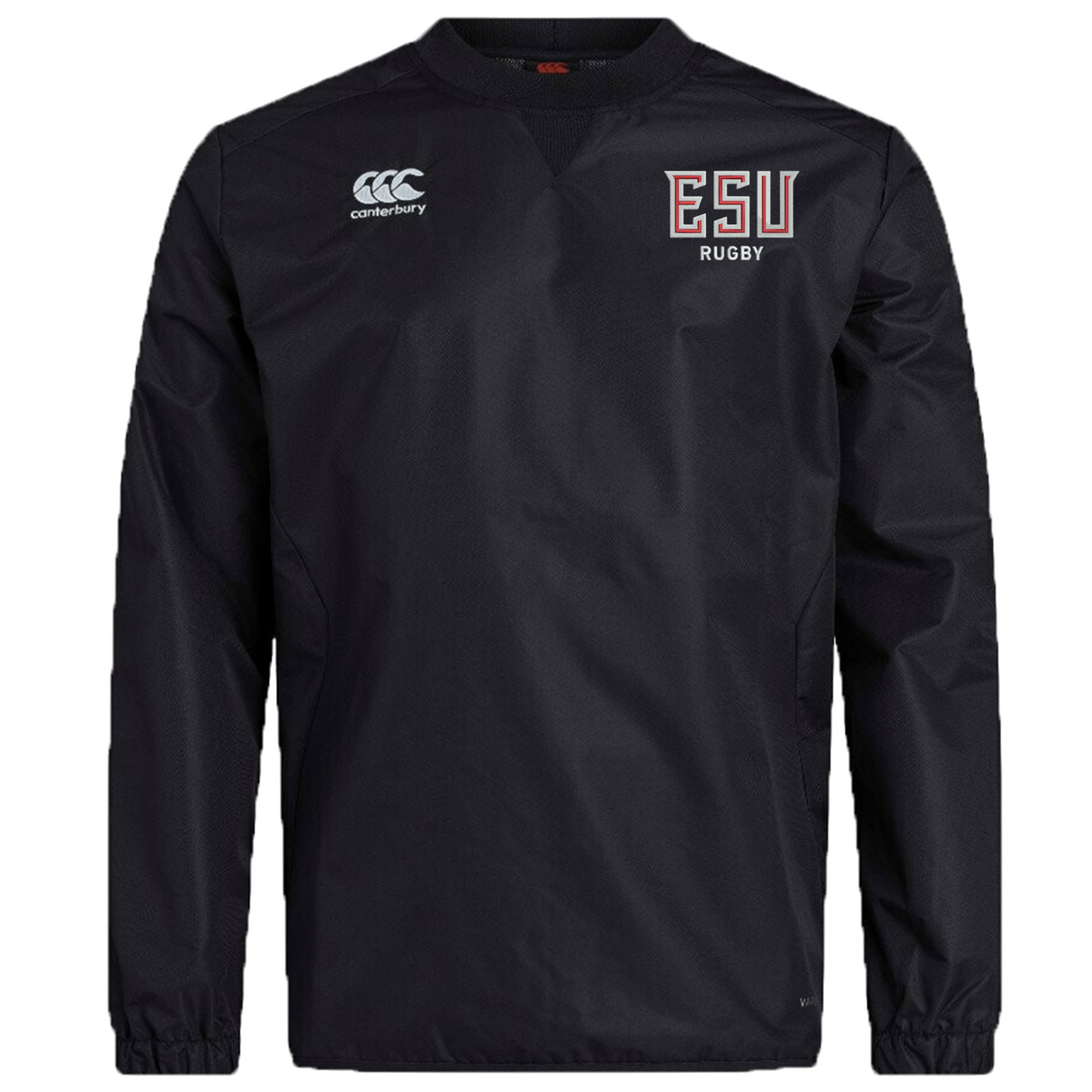 The East Stroudsburg University Club Vaposhield Contact Top by EMB Canterbury is a black long-sleeve shirt with the Canterbury logo on the right chest, "ESU RUGBY" on the left, and advanced Vaposhield tech for enhanced performance.