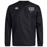 The East Stroudsburg University Club Vaposhield Contact Top by EMB Canterbury is a black long-sleeve shirt with the Canterbury logo on the right chest, "ESU RUGBY" on the left, and advanced Vaposhield tech for enhanced performance.
