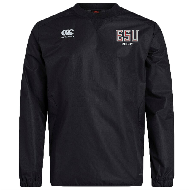 The East Stroudsburg University Club Vaposhield Contact Top by EMB Canterbury is a black long-sleeve shirt with the Canterbury logo on the right chest, "ESU RUGBY" on the left, and advanced Vaposhield tech for enhanced performance.