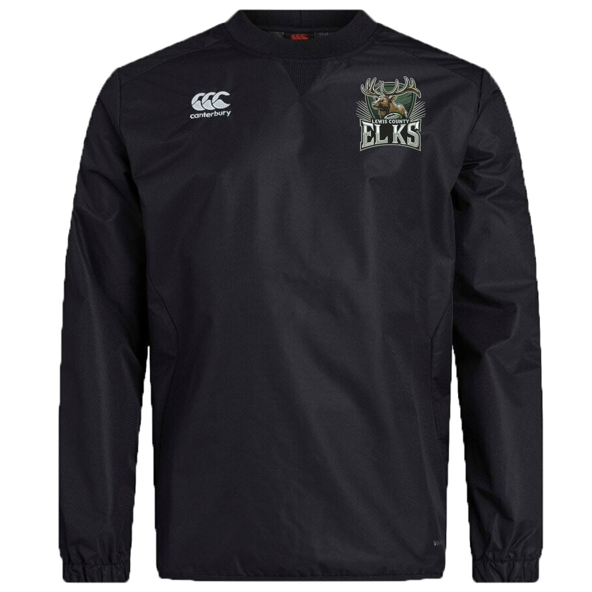 Lewis County Elks Club Vaposhield Contact Top by Canterbury—a black long-sleeve athletic pullover from EMB Canterbury, featuring “Canterbury” and “Elks” logos on the chest, custom-designed as rugby gear and shown against a white background.