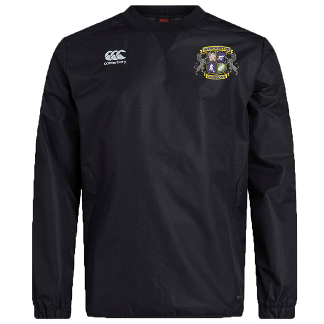 Black Winchester Cannons Club Vaposhield Contact Top by EMB Canterbury featuring the Canterbury logo on the right chest and a crest with "Manchester" and "Canterbury" on the left chest.