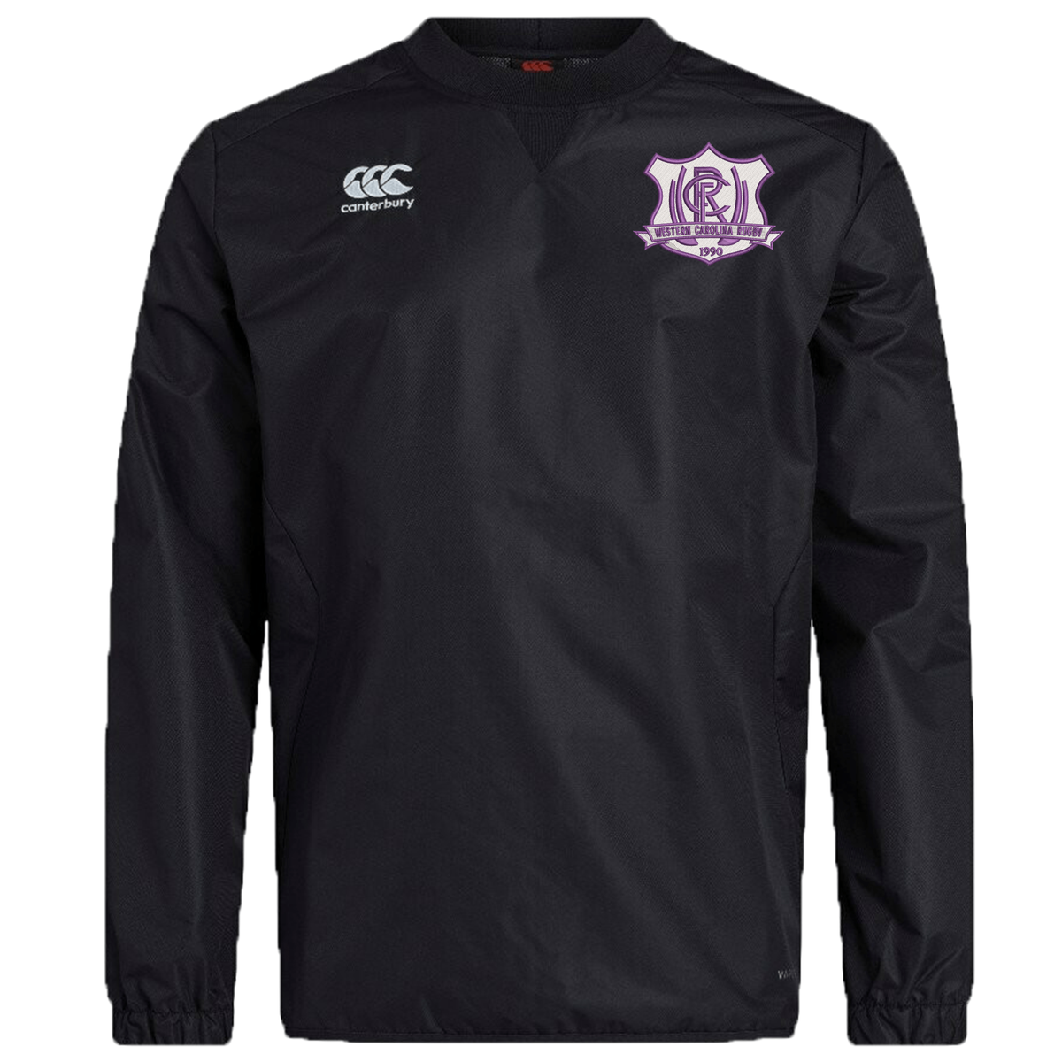 Black long-sleeved Western Carolina University Club Vaposhield Contact Top by Canterbury with a white logo on the right chest and a Western Carolina Rugby emblem on the left chest.