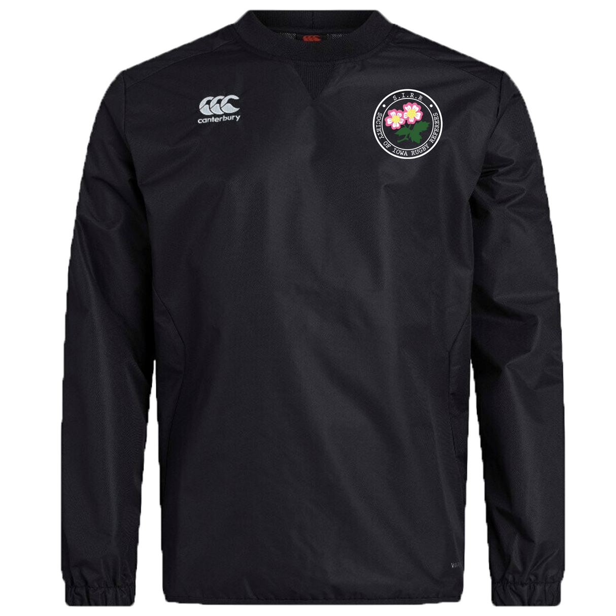 Introducing the Society of Iowa Rugby Referees Club Vaposhield Contact Top by EMB Canterbury—a black long-sleeve top featuring Vaposhield technology, with the white Canterbury logo on the right chest and a round floral Society of Iowa Rugby Referees emblem on the left chest.