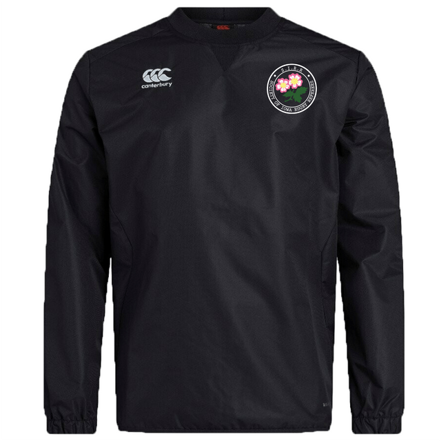 Introducing the Society of Iowa Rugby Referees Club Vaposhield Contact Top by EMB Canterbury—a black long-sleeve top featuring Vaposhield technology, with the white Canterbury logo on the right chest and a round floral Society of Iowa Rugby Referees emblem on the left chest.