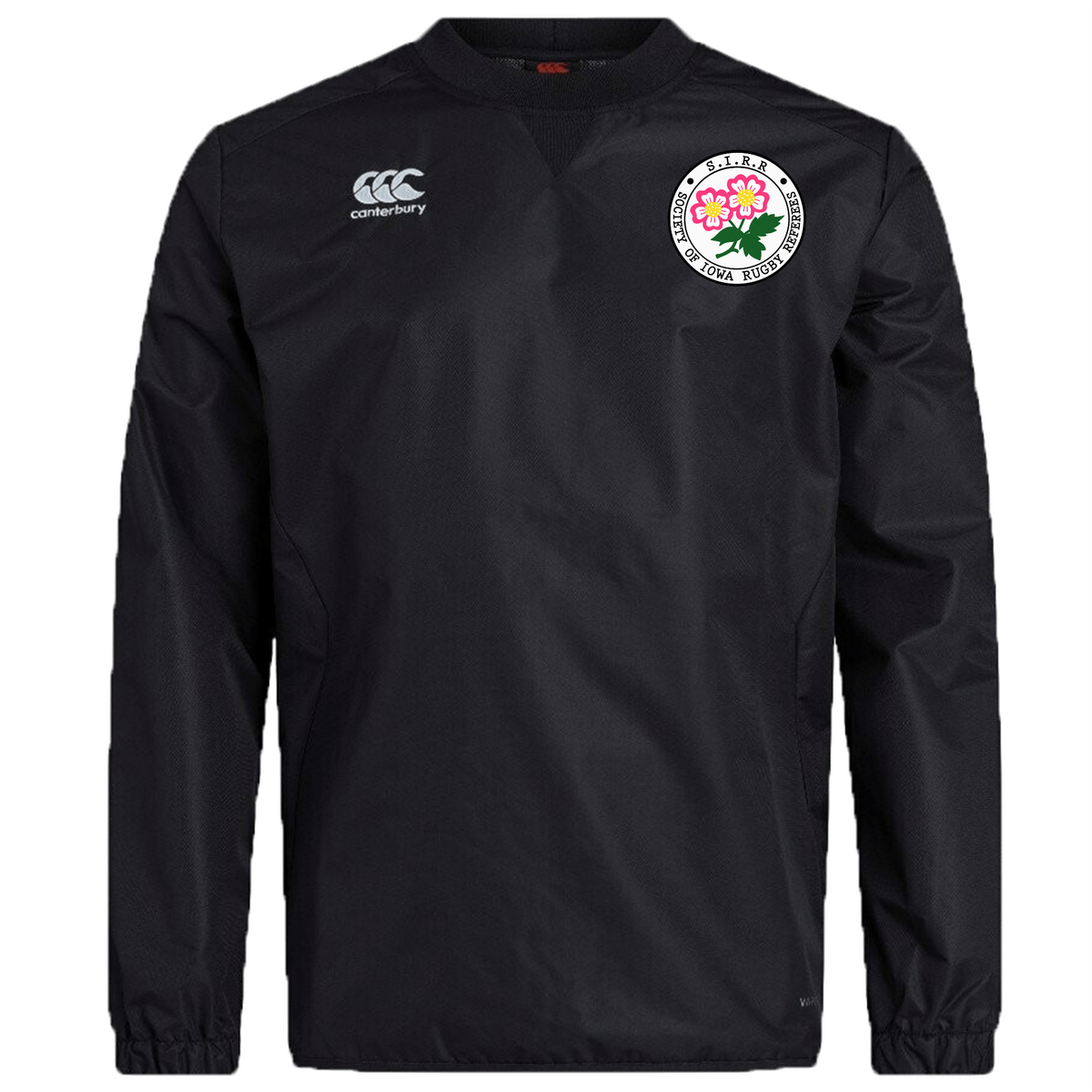 Introducing the Society of Iowa Rugby Referees Club Vaposhield Contact Top by EMB Canterbury—a black long-sleeved pullover featuring the Canterbury logo on the right chest and a red rose crest with Japanese text on the left. Designed as part of our custom rugby apparel range, this top incorporates advanced Vaposhield technology for superior water resistance and durability.