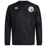 Introducing the Society of Iowa Rugby Referees Club Vaposhield Contact Top by EMB Canterbury—a black long-sleeved pullover featuring the Canterbury logo on the right chest and a red rose crest with Japanese text on the left. Designed as part of our custom rugby apparel range, this top incorporates advanced Vaposhield technology for superior water resistance and durability.