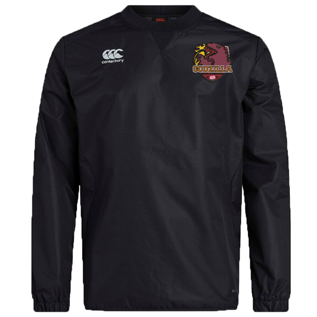 Introducing the Godzilla Rugby Football Club Club Vaposhield Contact Top by EMB Canterbury—a black long-sleeve rugby training pullover featuring the Canterbury logo on the right chest and a striking red Godzilla graphic with “GODZILLA” text on the left chest. Perfect for fans of custom rugby apparel, this top delivers iconic style and comfort.