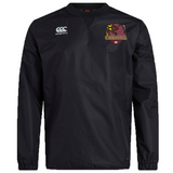 Introducing the Godzilla Rugby Football Club Club Vaposhield Contact Top by EMB Canterbury—a black long-sleeve rugby training pullover featuring the Canterbury logo on the right chest and a striking red Godzilla graphic with “GODZILLA” text on the left chest. Perfect for fans of custom rugby apparel, this top delivers iconic style and comfort.