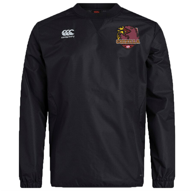 Introducing the Godzilla Rugby Football Club Club Vaposhield Contact Top by EMB Canterbury—a black long-sleeve rugby training pullover featuring the Canterbury logo on the right chest and a striking red Godzilla graphic with “GODZILLA” text on the left chest. Perfect for fans of custom rugby apparel, this top delivers iconic style and comfort.
