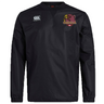 Introducing the Godzilla Rugby Football Club Club Vaposhield Contact Top by EMB Canterbury—a black long-sleeve rugby training pullover featuring the Canterbury logo on the right chest and a striking red Godzilla graphic with “GODZILLA” text on the left chest. Perfect for fans of custom rugby apparel, this top delivers iconic style and comfort.
