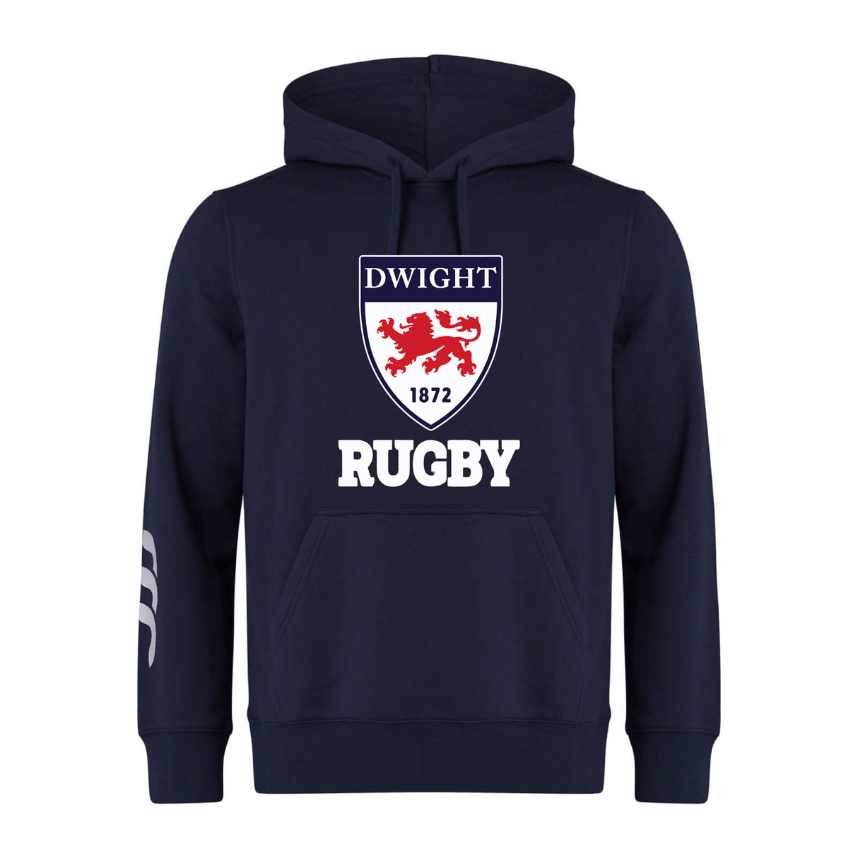 Navy blue hoodie with a hood, featuring a crest labeled "dwight 1872" with a red lion, and the word "CCC rugby" printed below in white - Dwight Rugby Club Hoodie by WRS Canterbury.
