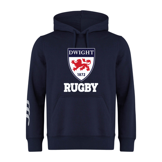Navy blue hoodie with a hood, featuring a crest labeled "dwight 1872" with a red lion, and the word "CCC rugby" printed below in white - Dwight Rugby Club Hoodie by WRS Canterbury.