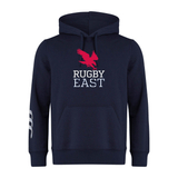 Navy blue Rugby East Conference Club Hoodie by Canterbury crafted from premium sweatshirt fleece, featuring a kangaroo pocket, drawstring hood, and a design with a red bird and the text "Rugby East" on the front. White logo and CCC plastisol print on the left sleeve.