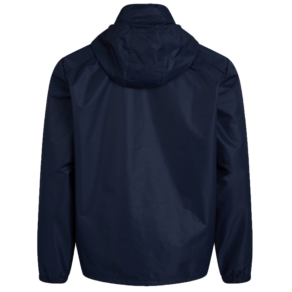 Back view of the Canterbury Club Vaposhield Full Zip Rain Jacket in navy blue, featuring long sleeves and crafted from lightweight, water-resistant fabric with VapoShield Technology.