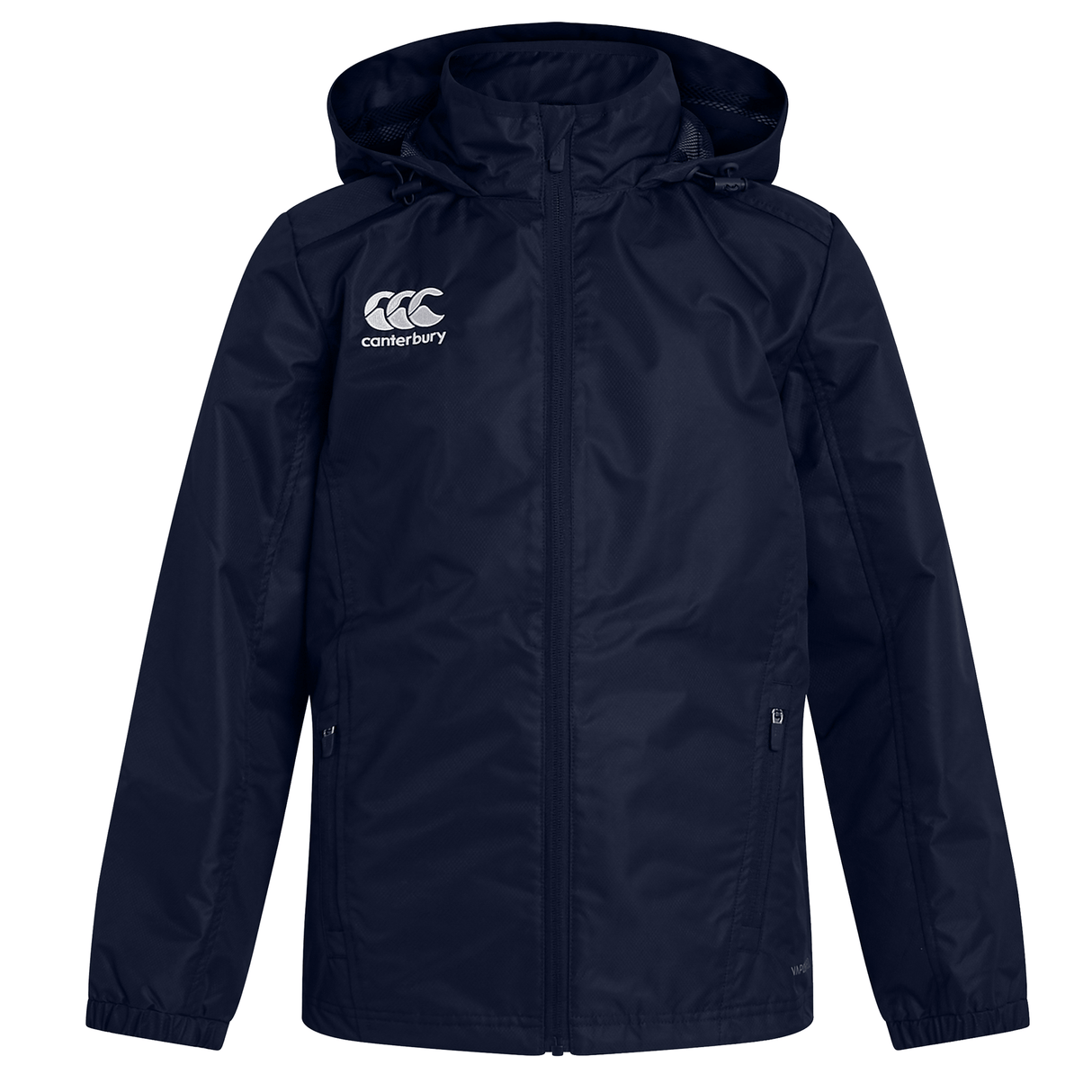 Navy blue Canterbury Club Vaposhield Full Zip Rain Jacket featuring a front zipper, side pockets, and white "Canterbury" logo on the chest. This jacket is designed with VapoShield Technology to ensure it remains water resistant in wet conditions.