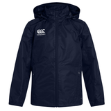 Navy blue Canterbury Club Vaposhield Full Zip Rain Jacket featuring a front zipper, side pockets, and white "Canterbury" logo on the chest. This jacket is designed with VapoShield Technology to ensure it remains water resistant in wet conditions.