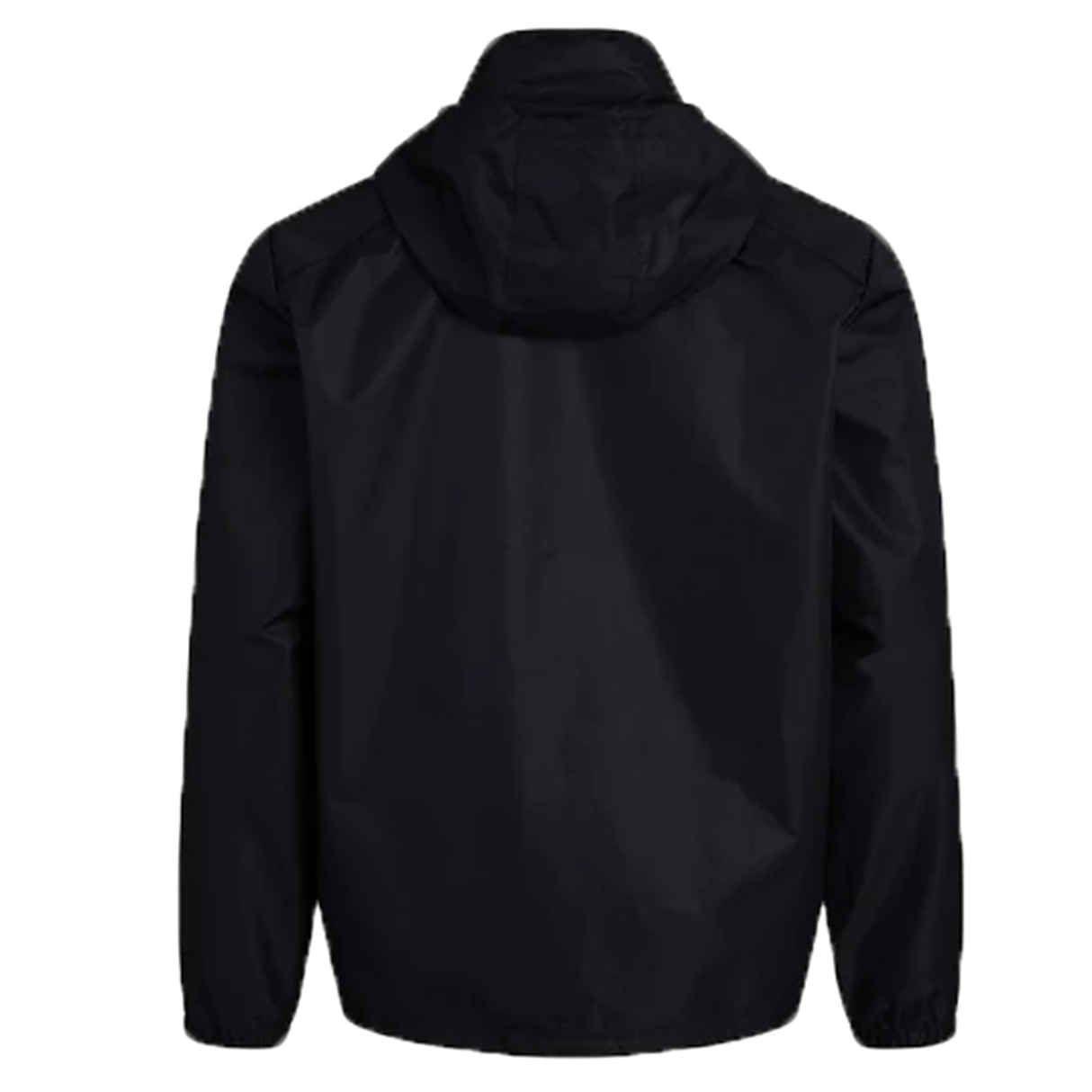 A smooth black fabric hooded jacket with long sleeves and a collar extending into the hood, shown from the back. This Canterbury Club Vaposhield Full Zip Rain Jacket, featuring VapoShield Technology, is water resistant and perfect for all-weather wear.