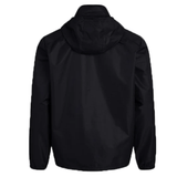A smooth black fabric hooded jacket with long sleeves and a collar extending into the hood, shown from the back. This Canterbury Club Vaposhield Full Zip Rain Jacket, featuring VapoShield Technology, is water resistant and perfect for all-weather wear.