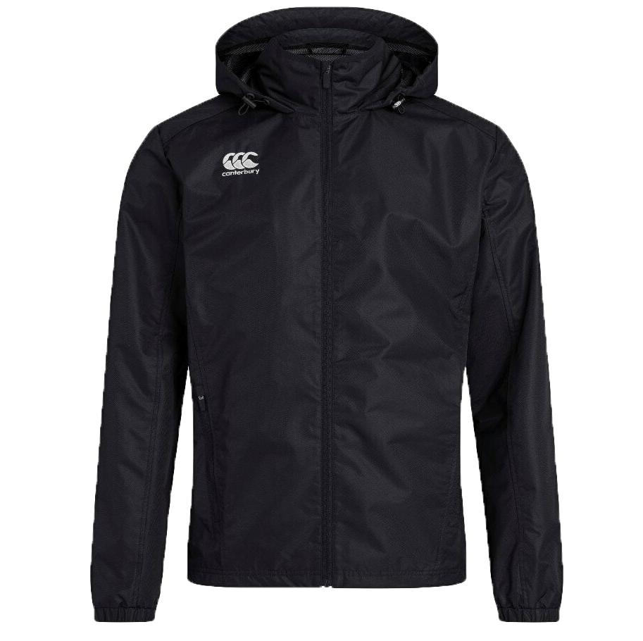 The Canterbury Club Vaposhield Full Zip Rain Jacket, a Black athletic jacket with a hood, features a white logo on the left chest and exhibits a sleek, minimalist design. Enhanced with VapoShield Technology for water resistance, it doubles as an excellent Rugby Club Rain Jacket to keep you dry in light showers.