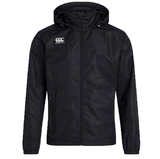 The Canterbury Club Vaposhield Full Zip Rain Jacket, a Black athletic jacket with a hood, features a white logo on the left chest and exhibits a sleek, minimalist design. Enhanced with VapoShield Technology for water resistance, it doubles as an excellent Rugby Club Rain Jacket to keep you dry in light showers.