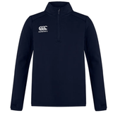 A navy Canterbury Club 1/4 Zip Mid Layer Training Top with a white rugby ball on it.