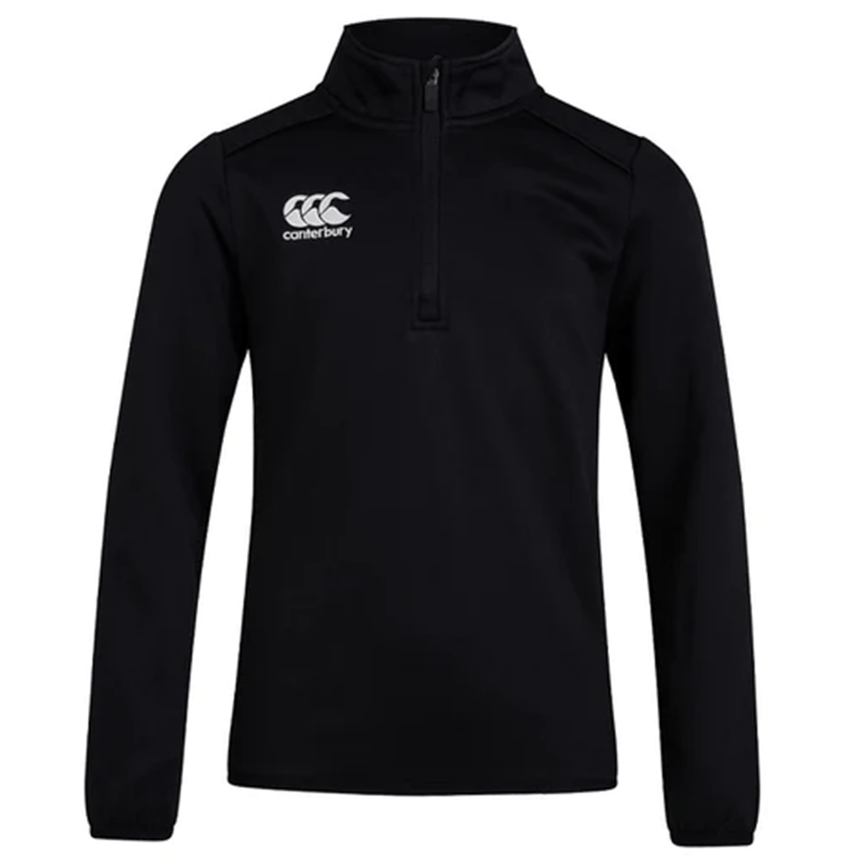 A black Canterbury Club 1/4 Zip Mid Layer Training Top with a white logo on the chest.