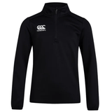 A black Canterbury Club 1/4 Zip Mid Layer Training Top with a white logo on the chest.