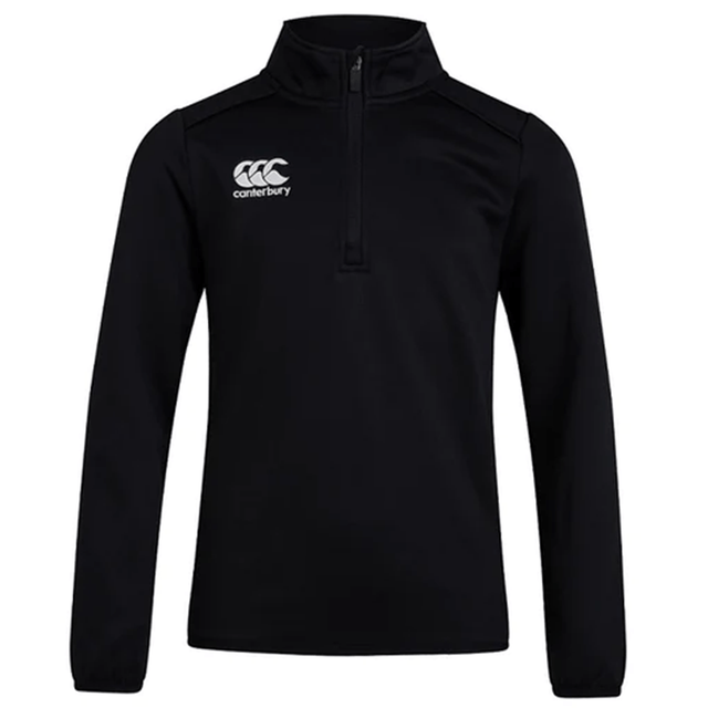 A black Canterbury Club 1/4 Zip Mid Layer Training Top with a white logo on the chest.