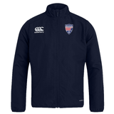 A lightweight navy blue Cincinnati Rookie Rugby Club Track Jacket by EMB Canterbury featuring the Canterbury logo on the right chest and a shield-shaped "Rookie" logo on the left chest. The jacket has a front zipper, a high collar, and is water-repellent.