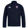 A lightweight navy blue Cincinnati Rookie Rugby Club Track Jacket by EMB Canterbury featuring the Canterbury logo on the right chest and a shield-shaped "Rookie" logo on the left chest. The jacket has a front zipper, a high collar, and is water-repellent.