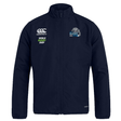 A lightweight navy blue rugby jacket with white text and logos, including "Canterbury," "World Rugby Shop," and "Rugby All Stars," displayed on the chest. This water-repellent NC All Stars Club Track Jacket by EMB Canterbury is perfect for showing your team spirit.
