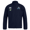 A lightweight navy blue rugby jacket with white text and logos, including "Canterbury," "World Rugby Shop," and "Rugby All Stars," displayed on the chest. This water-repellent NC All Stars Club Track Jacket by EMB Canterbury is perfect for showing your team spirit.
