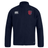 Navy blue polyester sports jacket with zipper and brand logos on the chest, designed as a water-repellent Charlotte Cardinals Rugby Club Club Track Jacket by EMB Canterbury.