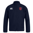 Navy blue polyester sports jacket with zipper and brand logos on the chest, designed as a water-repellent Charlotte Cardinals Rugby Club Club Track Jacket by EMB Canterbury.