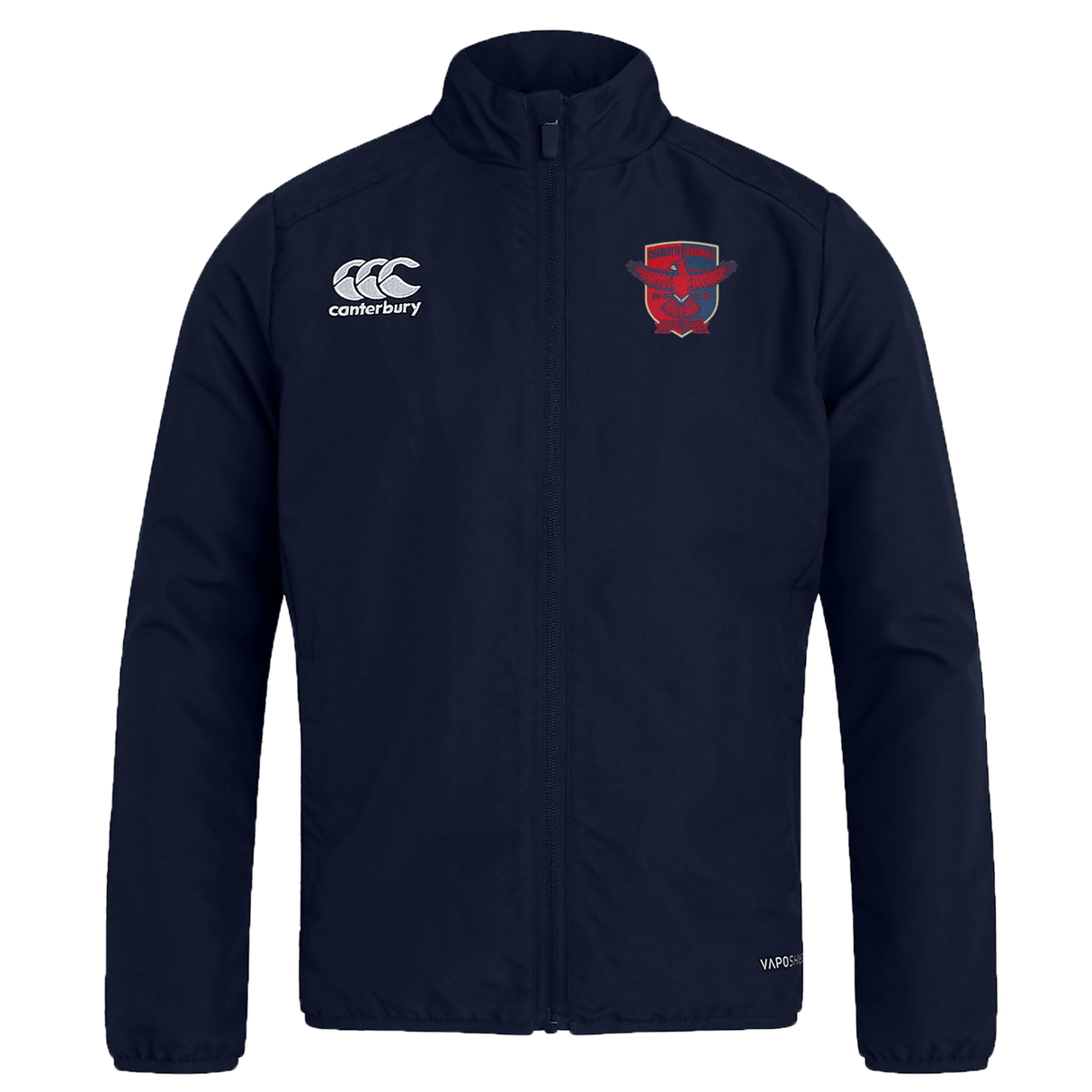 Navy blue polyester sports jacket with zipper and brand logos on the chest, designed as a water-repellent Charlotte Cardinals Rugby Club Club Track Jacket by EMB Canterbury.
