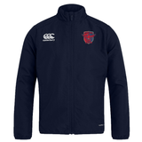 Navy blue polyester sports jacket with zipper and brand logos on the chest, designed as a water-repellent Charlotte Cardinals Rugby Club Club Track Jacket by EMB Canterbury.
