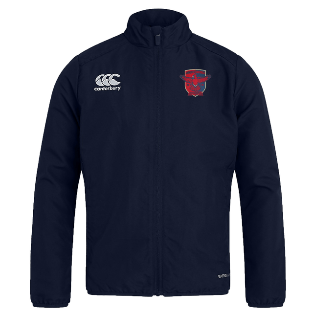 Navy blue polyester sports jacket with zipper and brand logos on the chest, designed as a water-repellent Charlotte Cardinals Rugby Club Club Track Jacket by EMB Canterbury.