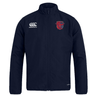 Navy blue polyester sports jacket with zipper and brand logos on the chest, designed as a water-repellent Charlotte Cardinals Rugby Club Club Track Jacket by EMB Canterbury.
