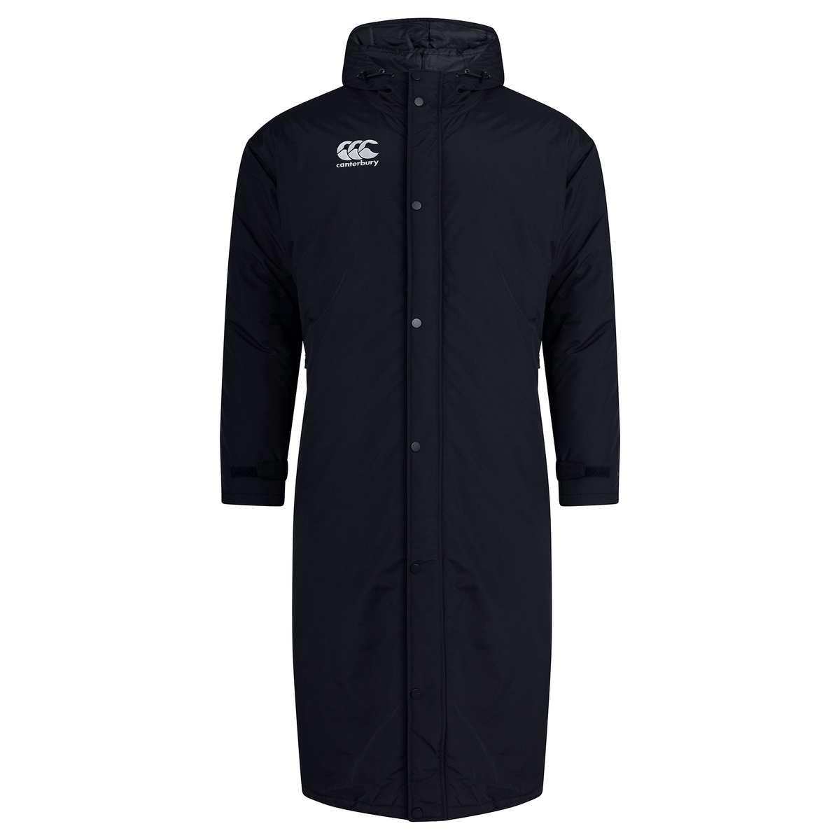 A Canterbury Club Vaposhield Subs Jacket with a hood and a white logo on it.