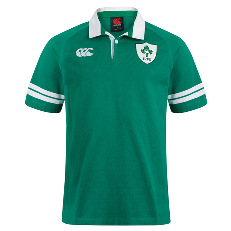 The Ireland 25/26 Heritage Jersey by Canterbury features a classic white collar, white sleeve stripes, and the IRFU crest on the left chest.
