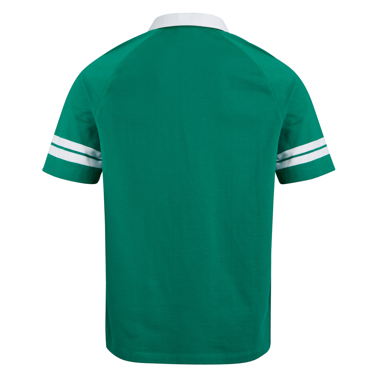 The Ireland 25/26 Heritage Jersey by Canterbury features green short sleeves, a white collar, and two horizontal white stripes on each sleeve—shown from the back as part of Canterbury's Heritage collection.